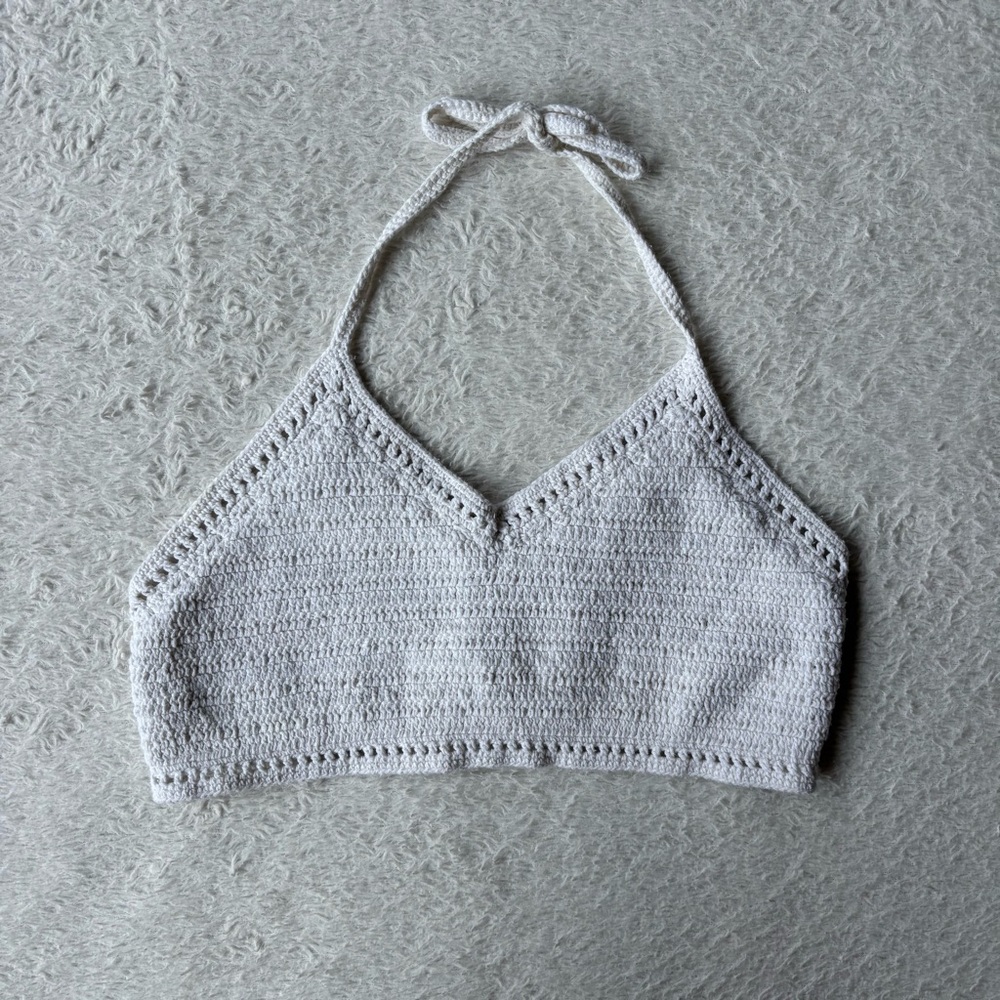 Santiki Vintage White Crochet Halter Top with Tie Open Back